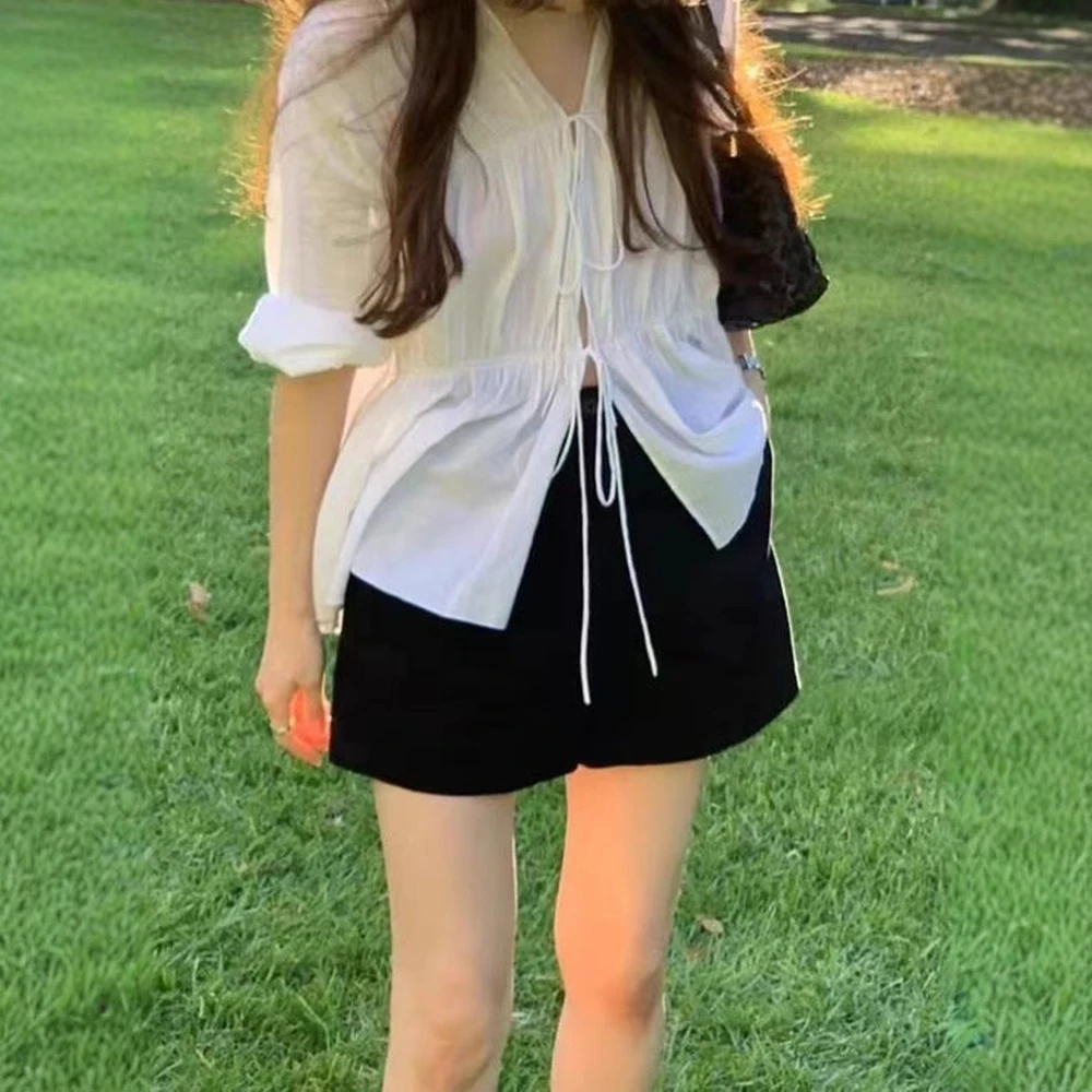 韩货-白色褶皱系带收腰衬衫2025春季女宽松休闲V领长袖上衣oun*e