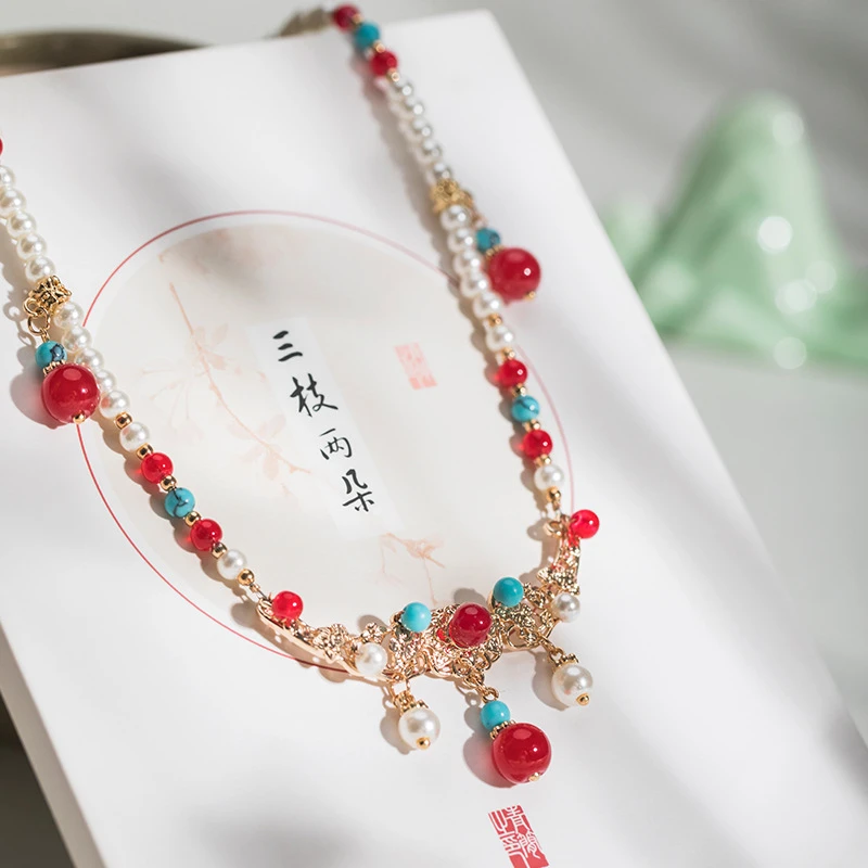 合金项链 中式国风项链汉服配饰璎珞新复古仿蓝松石饰品女中软璎