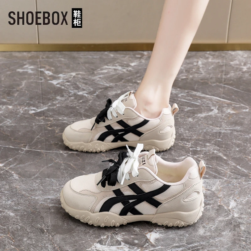 SHOEBOX鞋柜内增高6cm网面德训鞋女2025秋季百搭透气运动休闲板鞋