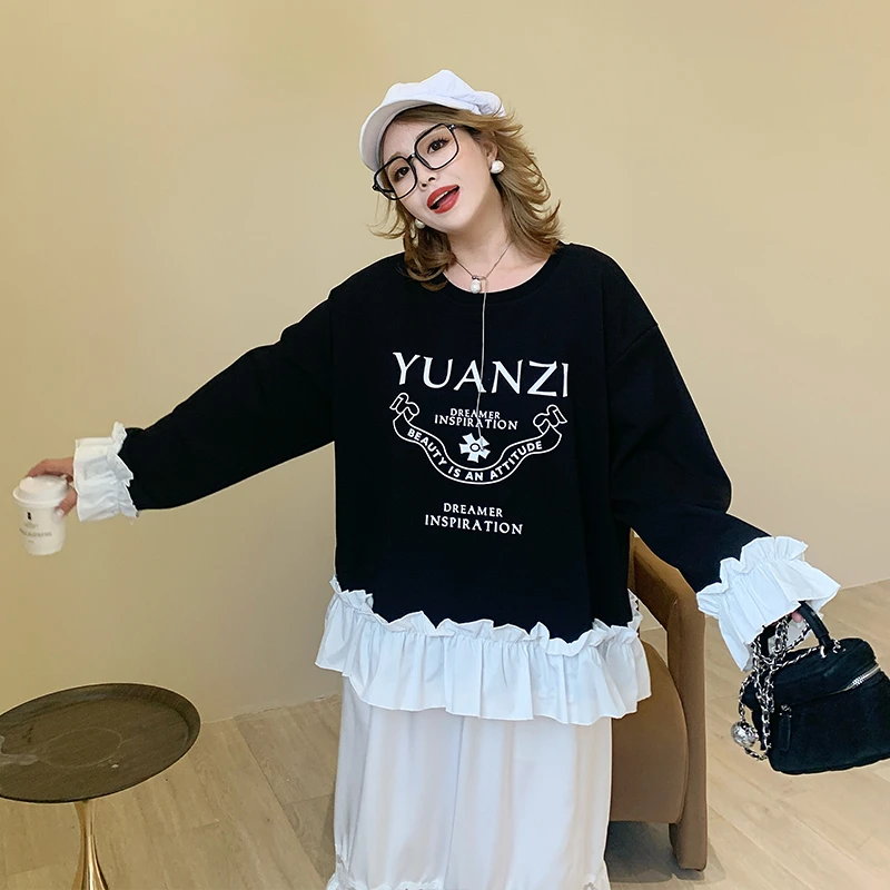 媛子大码【袖语】印花T恤假两件荷叶边设计款宽松百搭春季时尚新款