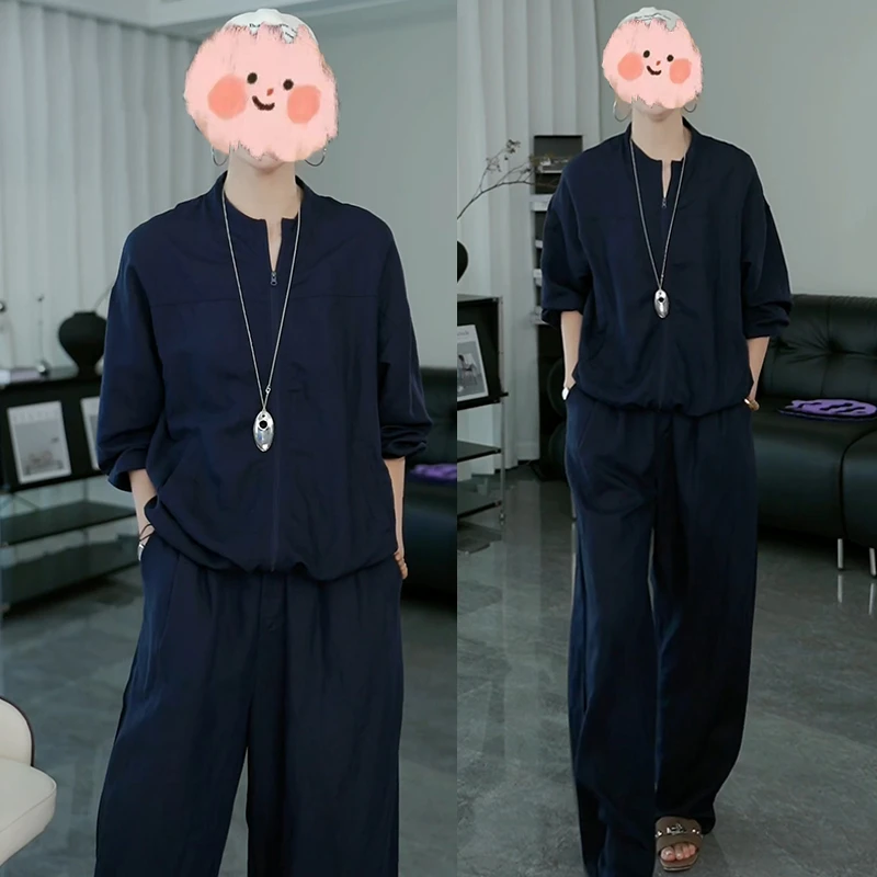 韩系休闲百搭简约时尚套装女2025夏新款宽松外套防晒衫长裤两件套