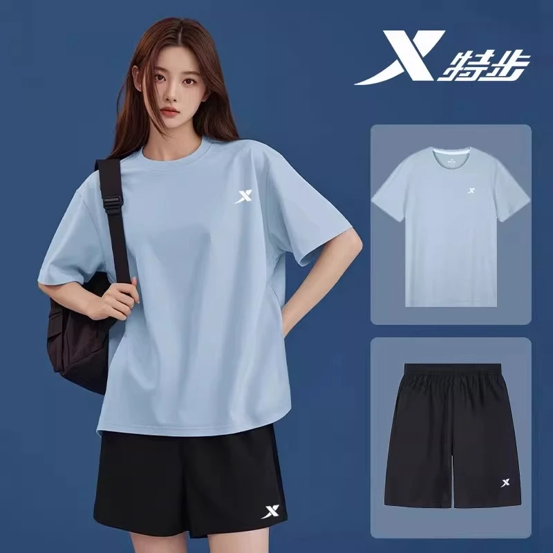 特步冰丝运动套装女夏季透气新款速干上衣短袖宽松大码短裤休闲服