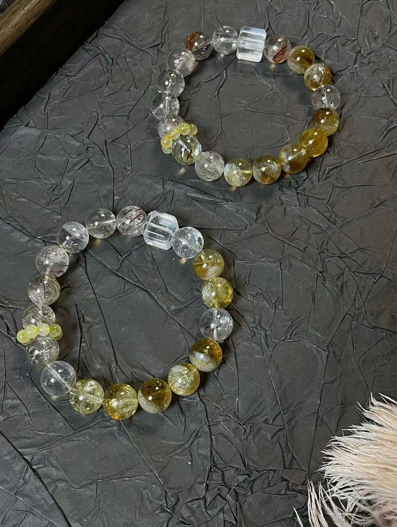 贵妇】10MM天然黑金超七黄塔晶白水晶方糖手串多样发一D1051