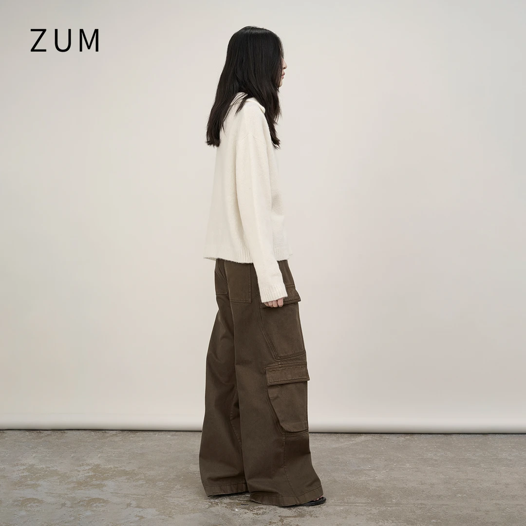 ZUM 宽松羊驼毛针织衫女春秋2025新款v领慵懒风上衣短款毛衣外套