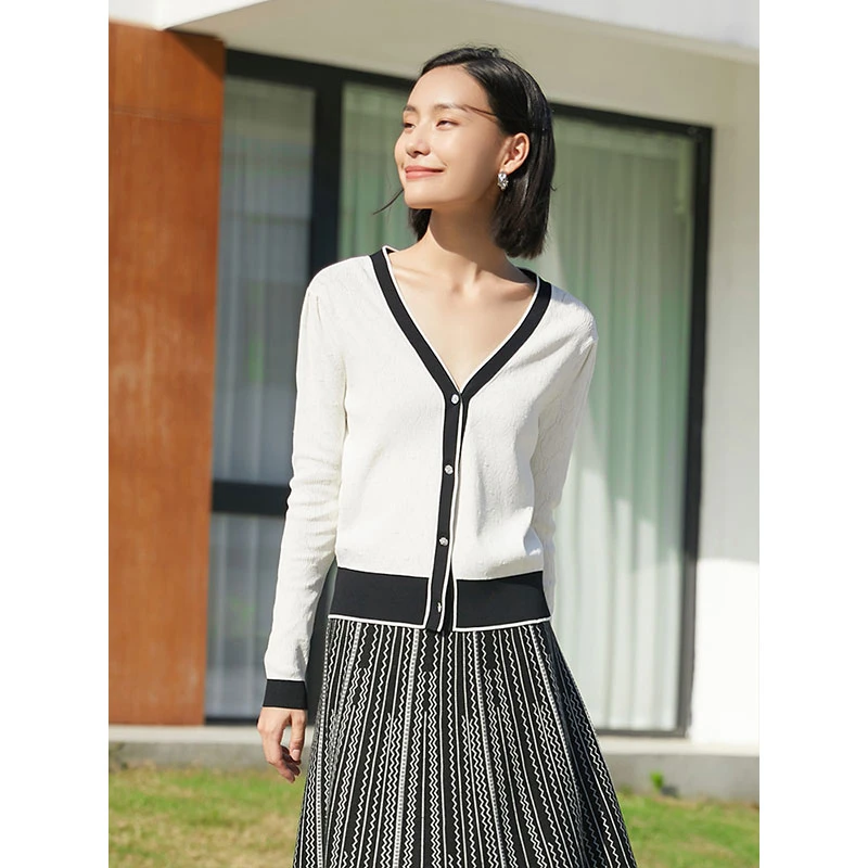 dunnu敦奴长袖V领撞色开衫针织DR170121