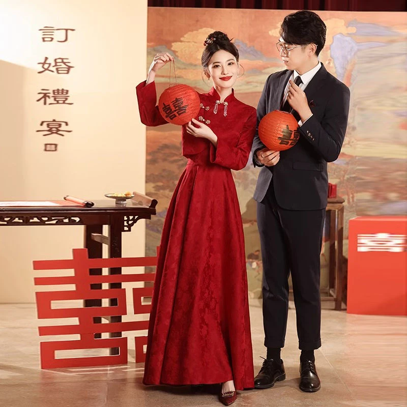 新中式旗袍敬酒服新娘2025新款红色订婚礼服裙出阁长袖套装秋冬季