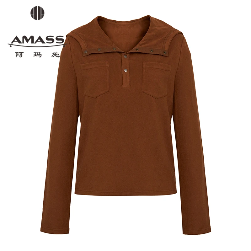 阿玛施秋冬休闲时尚领口按扣V领胸前小口袋连抽绳V领休闲卫衣