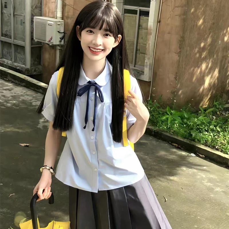 学院风蓝色娃娃领减龄短袖衬衫女学生夏季新款韩系百搭甜妹上衣潮
