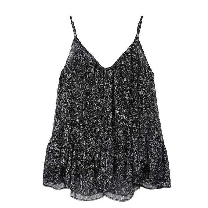 AVVENN2025夏季新品轻薄雪纺卡其黑不规则下摆吊带上衣