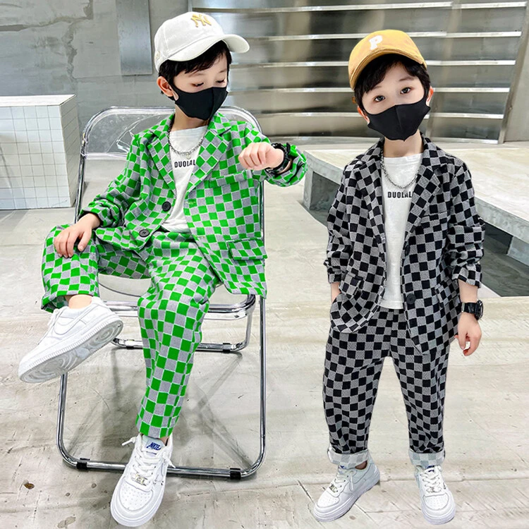 常规休闲男格子男女通用男童套装洋气秋季儿童童装格子西装套装