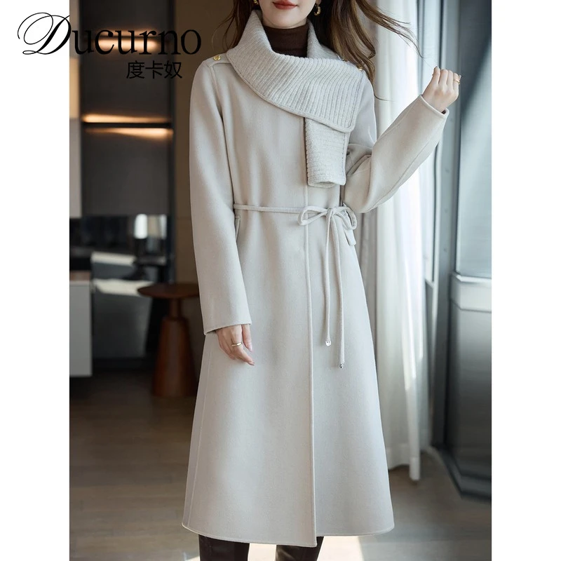 系带显瘦双面羊毛绒风衣款外套2025新品长款气质显瘦毛呢大衣女装
