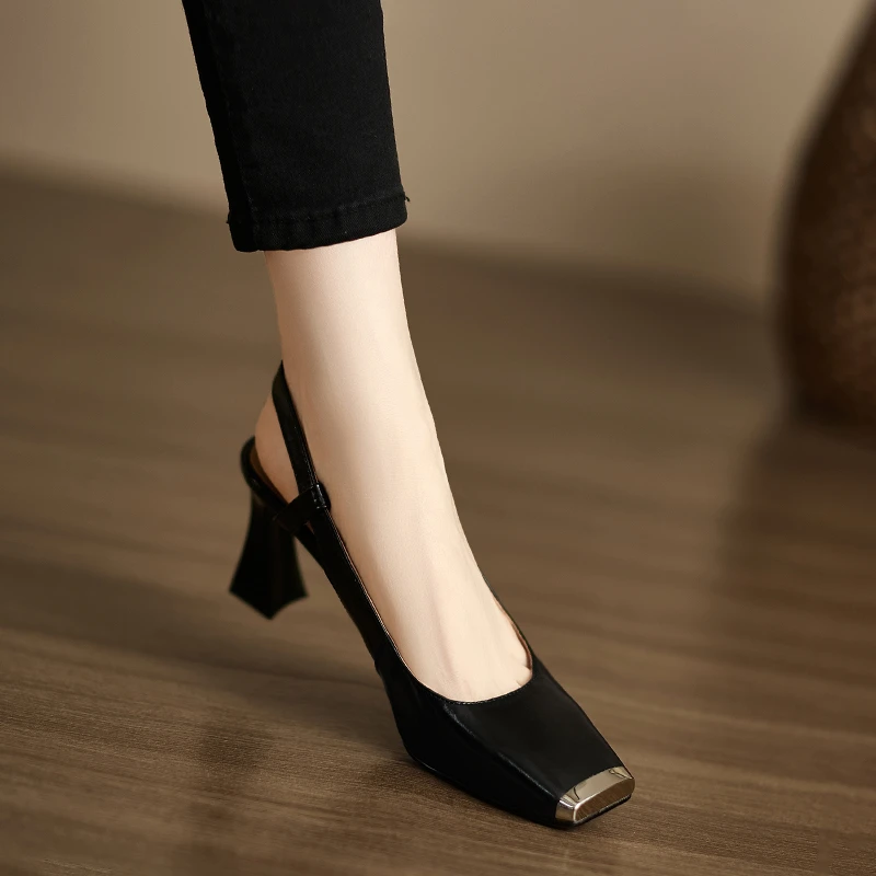 7.5cm~法式优雅轻奢包头凉鞋女夏方头粗跟后空单鞋斩男气质高跟鞋