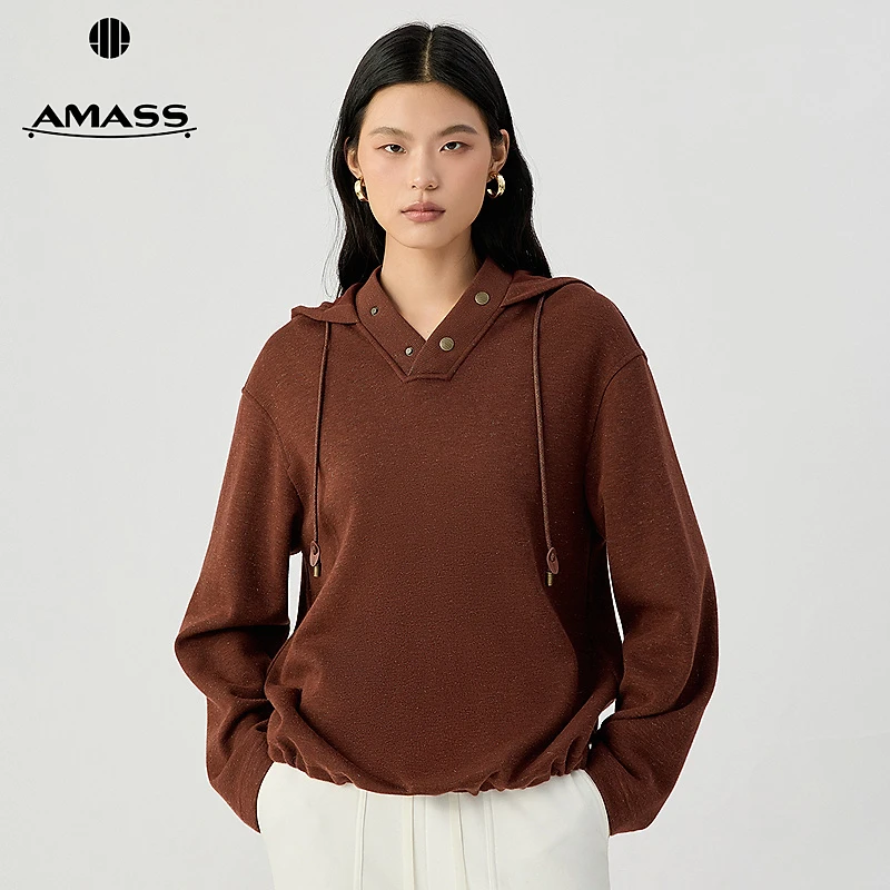 阿玛施AMASS 时尚女装休闲松弛感细闪连帽抽绳V领宽松卫衣530131