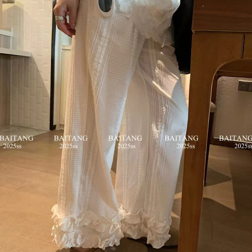 BAITANG【白日幻想】阔腿裤夏季刺绣宽松休闲裤显瘦白色百褶时裤子