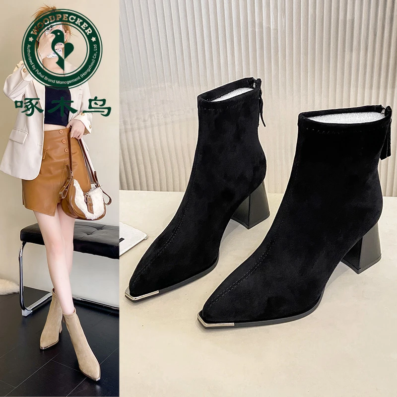 啄木鸟马丁靴女2025新款秋季复古金属尖头瘦瘦靴粗跟女靴高跟短靴
