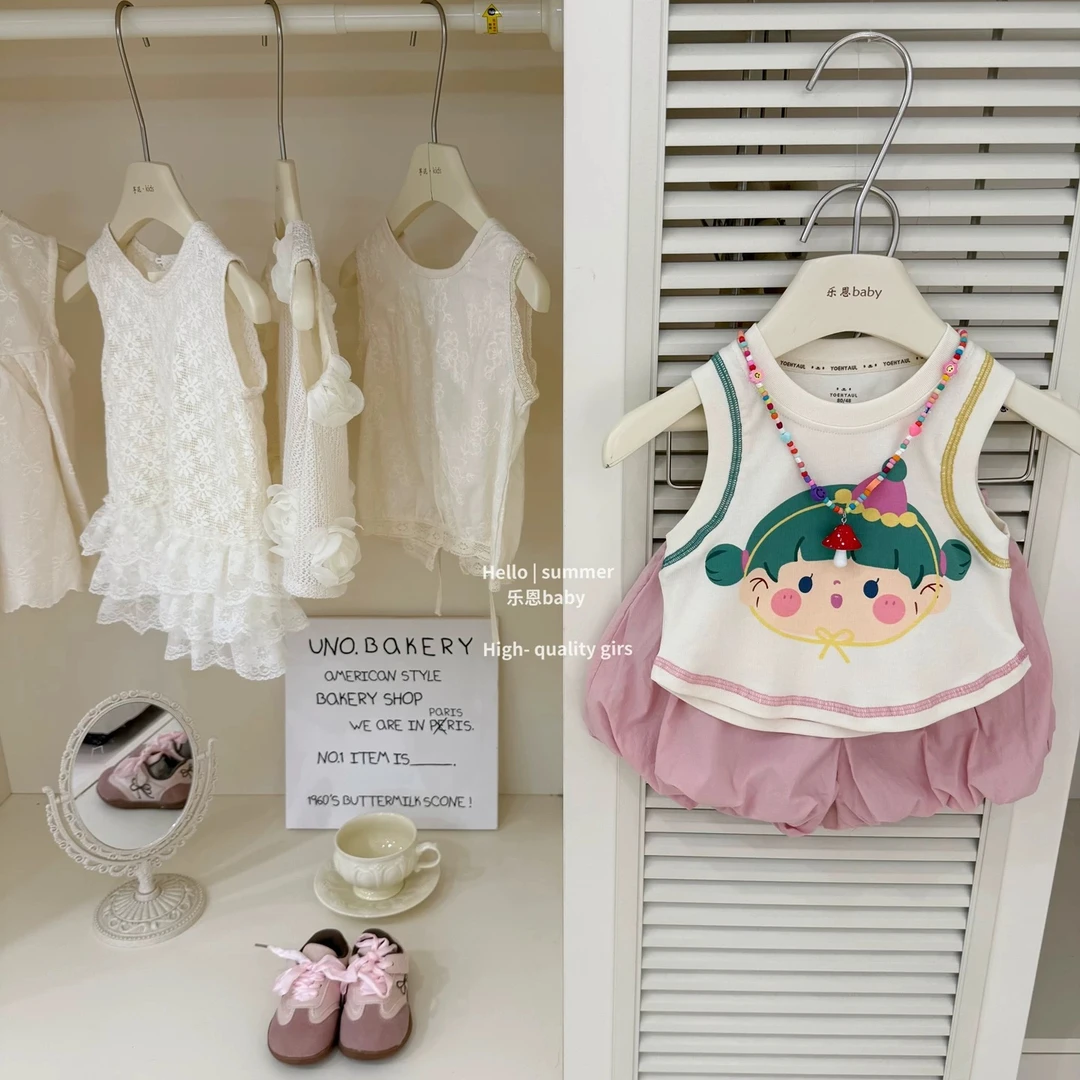 2025女童高定夏季卡通甜美背心粉色花苞短裤宝宝洋气套装