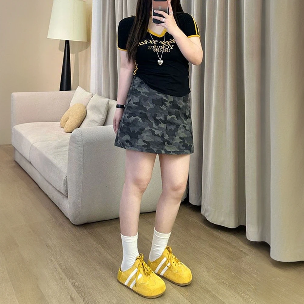 300斤美式迷彩牛仔短裙女夏季包臀裙子大码胖mm遮胯显瘦a字半身裙