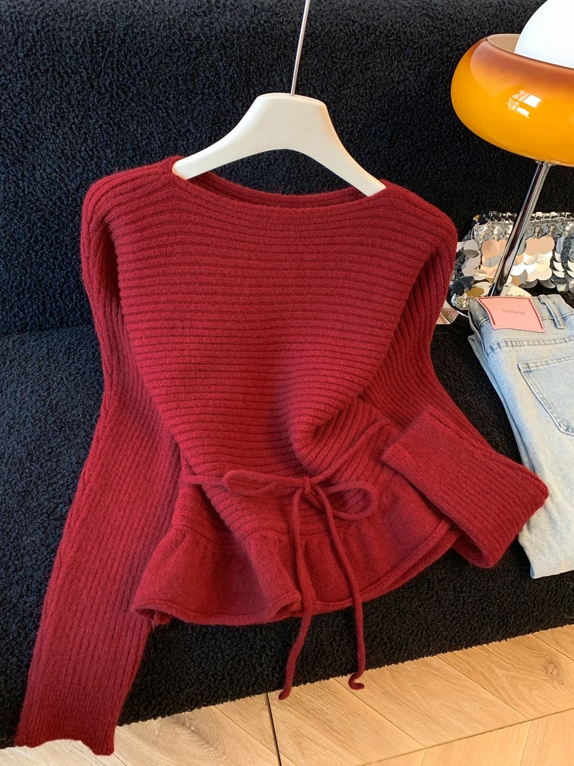 韩系温柔风荷叶下摆系带设计感针织衫女2025秋冬红色新年软糯毛衣