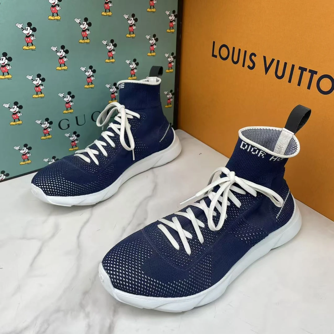 95新 DIOR/迪奥 蓝色帆布潮流百搭舒适高帮时尚袜套鞋/40码