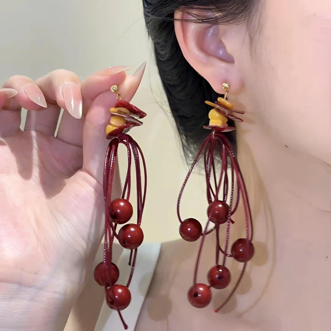 合金皮质耳饰 红豆相思~新中式古典复古红色串珠耳钉设计感喜庆女