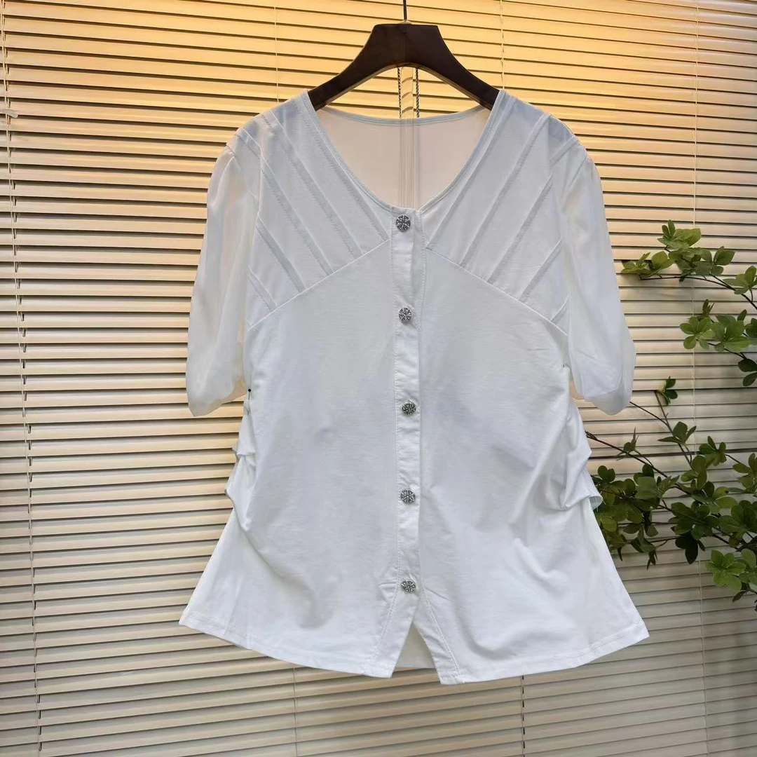 法式v领不规则短袖t恤夏季2024新款气质百搭修身显瘦泡泡袖上衣女