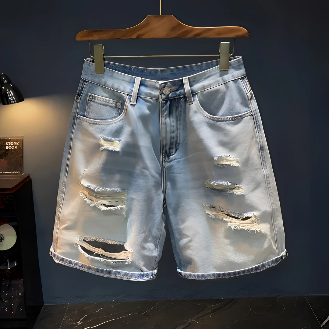 One What夏天短裤男潮流高街复古水洗夏季薄款割烂破洞牛仔五分裤