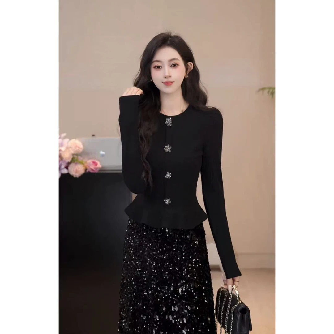 YUANLIANSU/圆脸酥【摇摆伦巴】千金风百搭荷叶边V领T恤上衣女秋冬