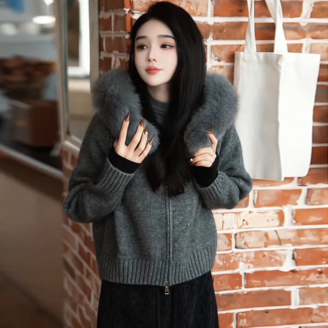 韩系复古连帽毛领针织外套女2025秋冬新款慵懒风显瘦加厚开衫上衣
