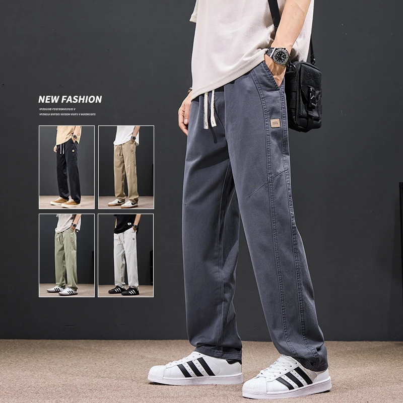 2025夏季薄款百搭水洗休闲裤男复古松紧腰宽松直筒大码休闲裤男裤
