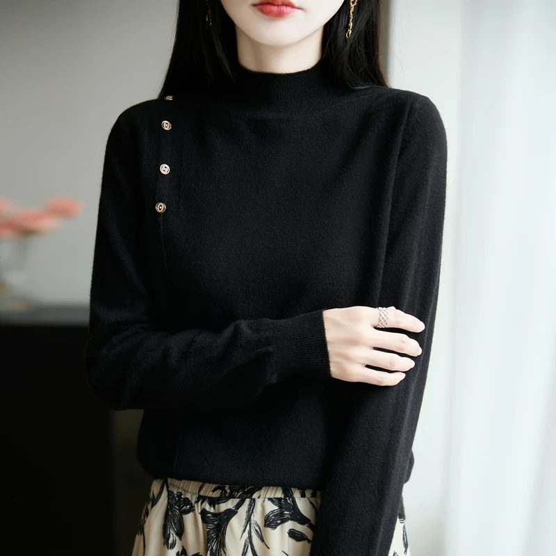 侧重工扣子女针织衫秋冬黑色女针织衫修身秋冬打底衫55212