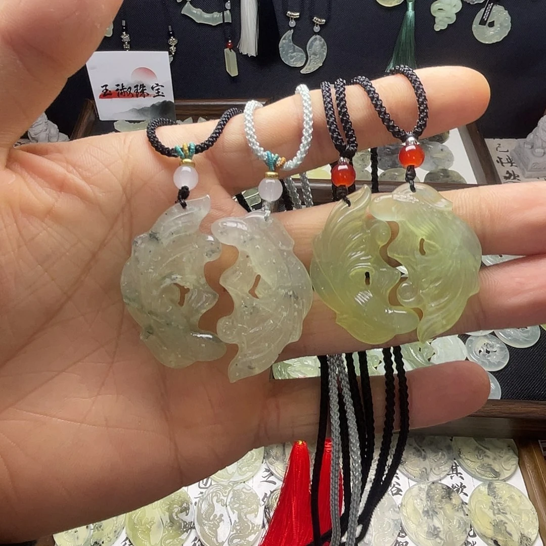 岫玉未镶嵌双鱼玉佩吊坠项链