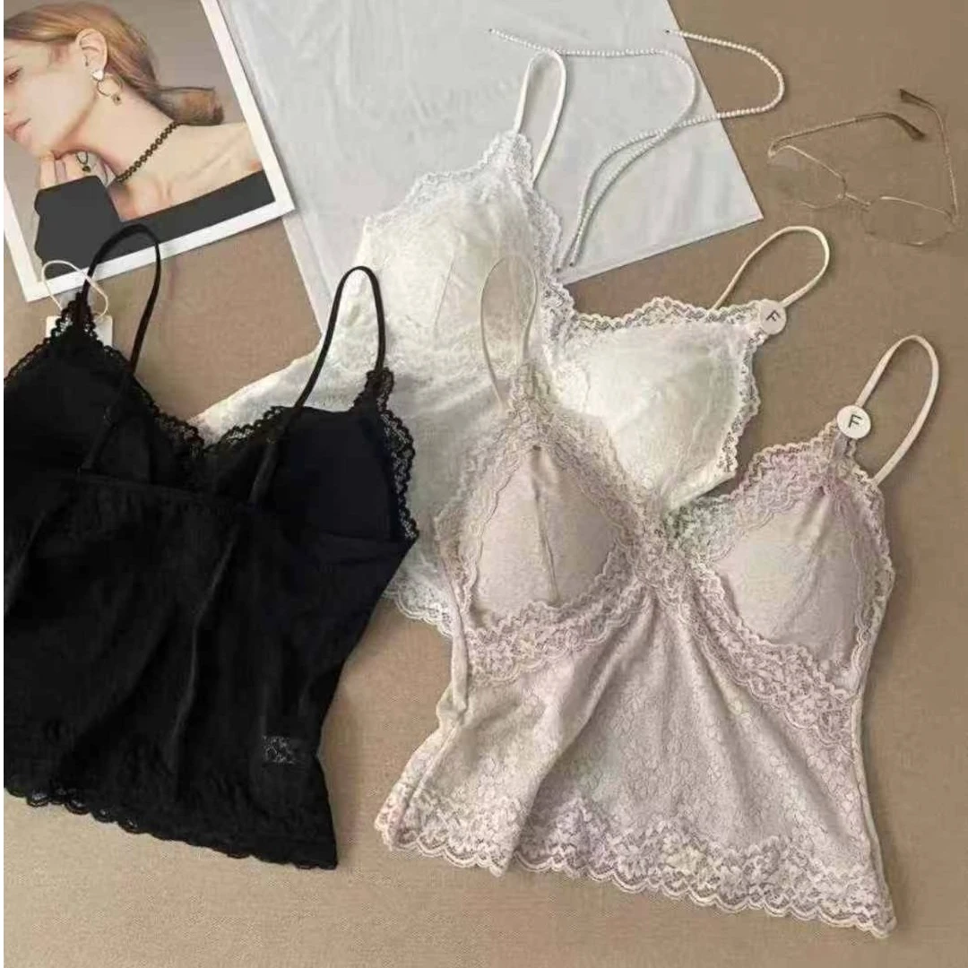蕾丝吊袜带时尚短款白色防走光美背夏季法式背心交叉内搭运动网红