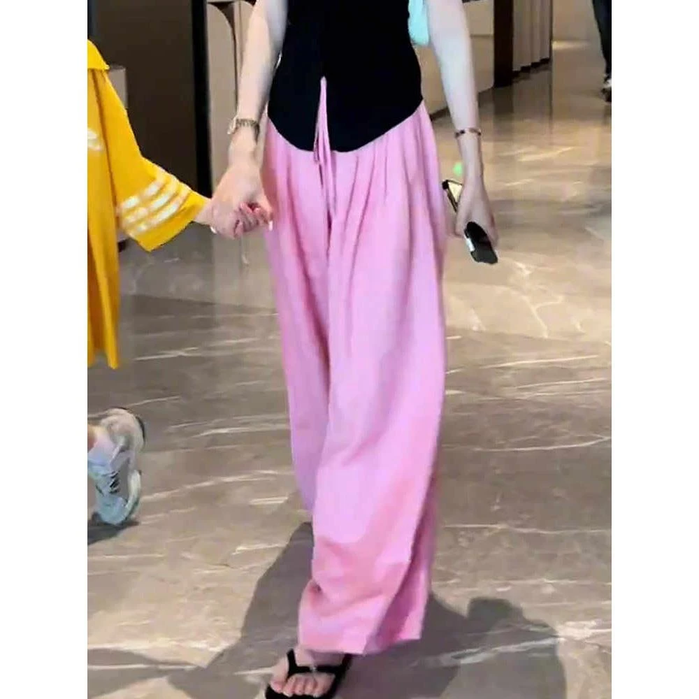 粉色亚麻压褶高腰休闲裤女夏季新款垂感简约显瘦轻奢阔腿裤