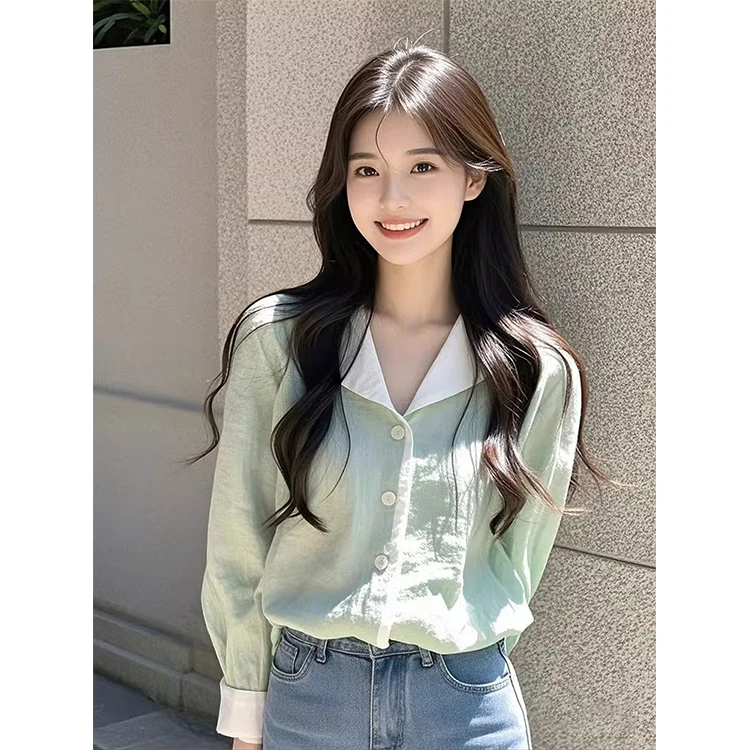 2025春夏新款法式气质上衣通勤穿搭洋气高级感超好看绿色衬衫女装