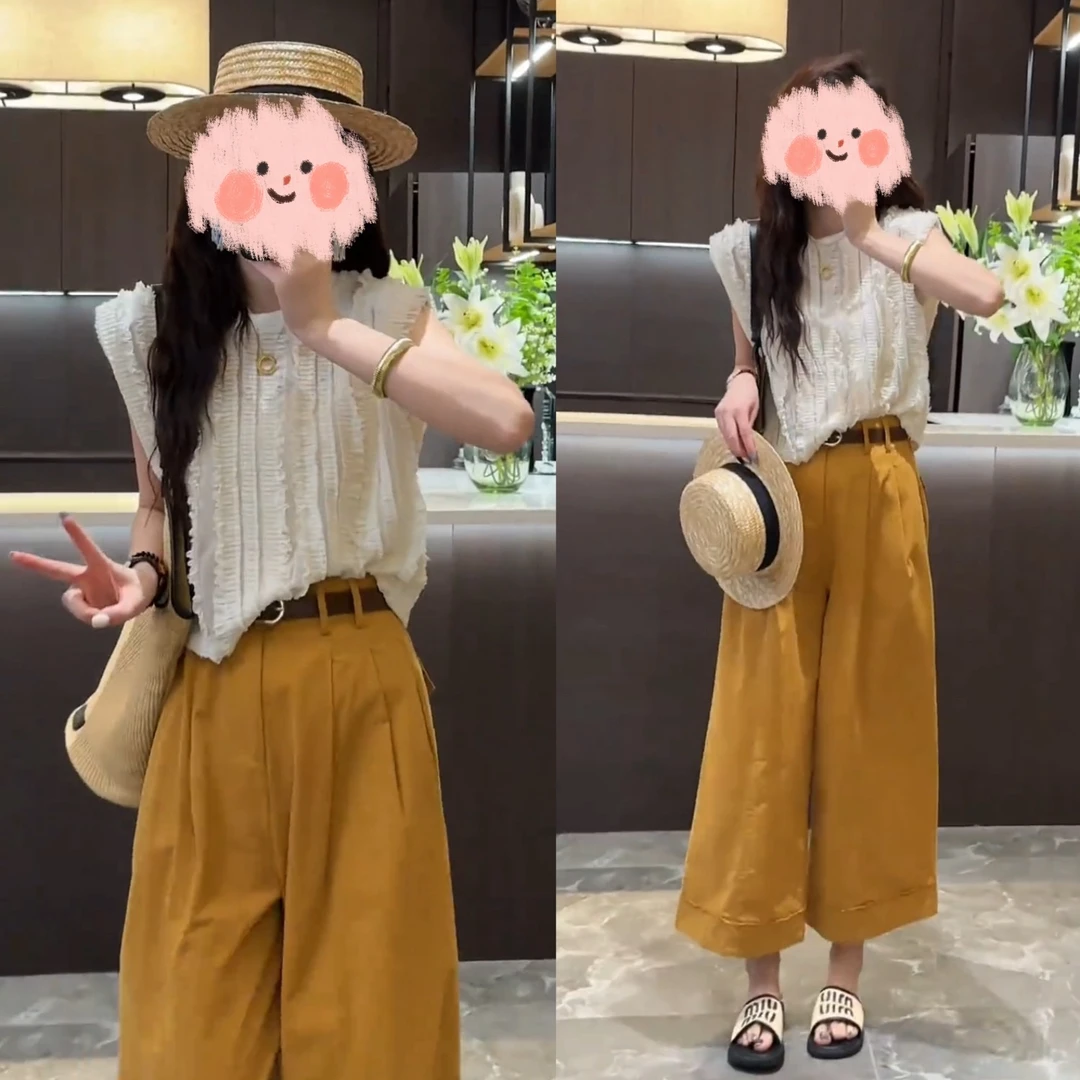 2025夏季新款圆领纯色坎肩木耳边圆领上衣款+直筒阔腿纯色休闲裤