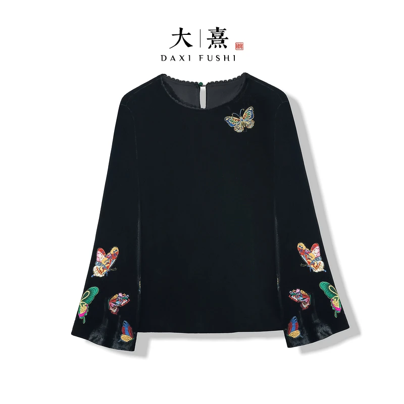 【晚蝶】2025新款秋季衬衣女式新中式女宽松高级感丝绒绣花长袖衬衫