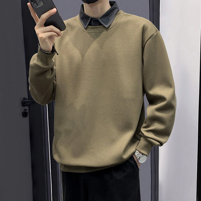 潮流韩版青年提花假两件衬衫领卫衣2025春秋百搭潮流男士卫衣