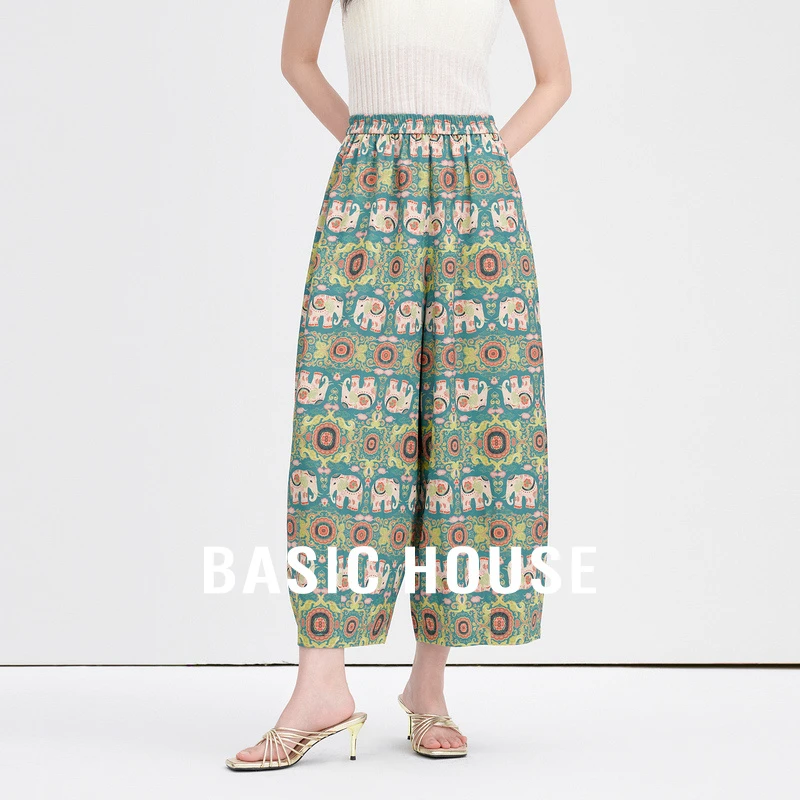 Basic House/百家好复古小象印花阔腿裤女夏季新款直筒高腰休闲裤