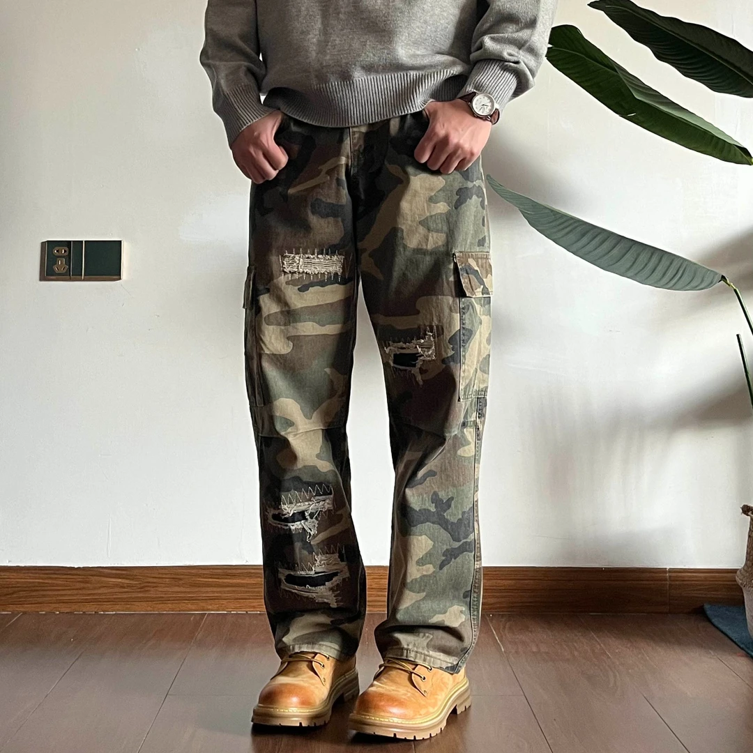 Ineffable life迷彩补丁cleanfit工装裤复古做旧磨破vintage长裤