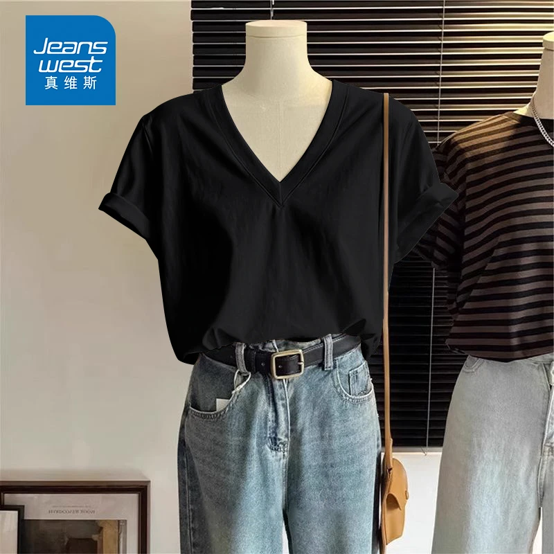 真维斯黑色大码短袖t恤女2025新款夏季休闲百搭正肩V领设计感上衣