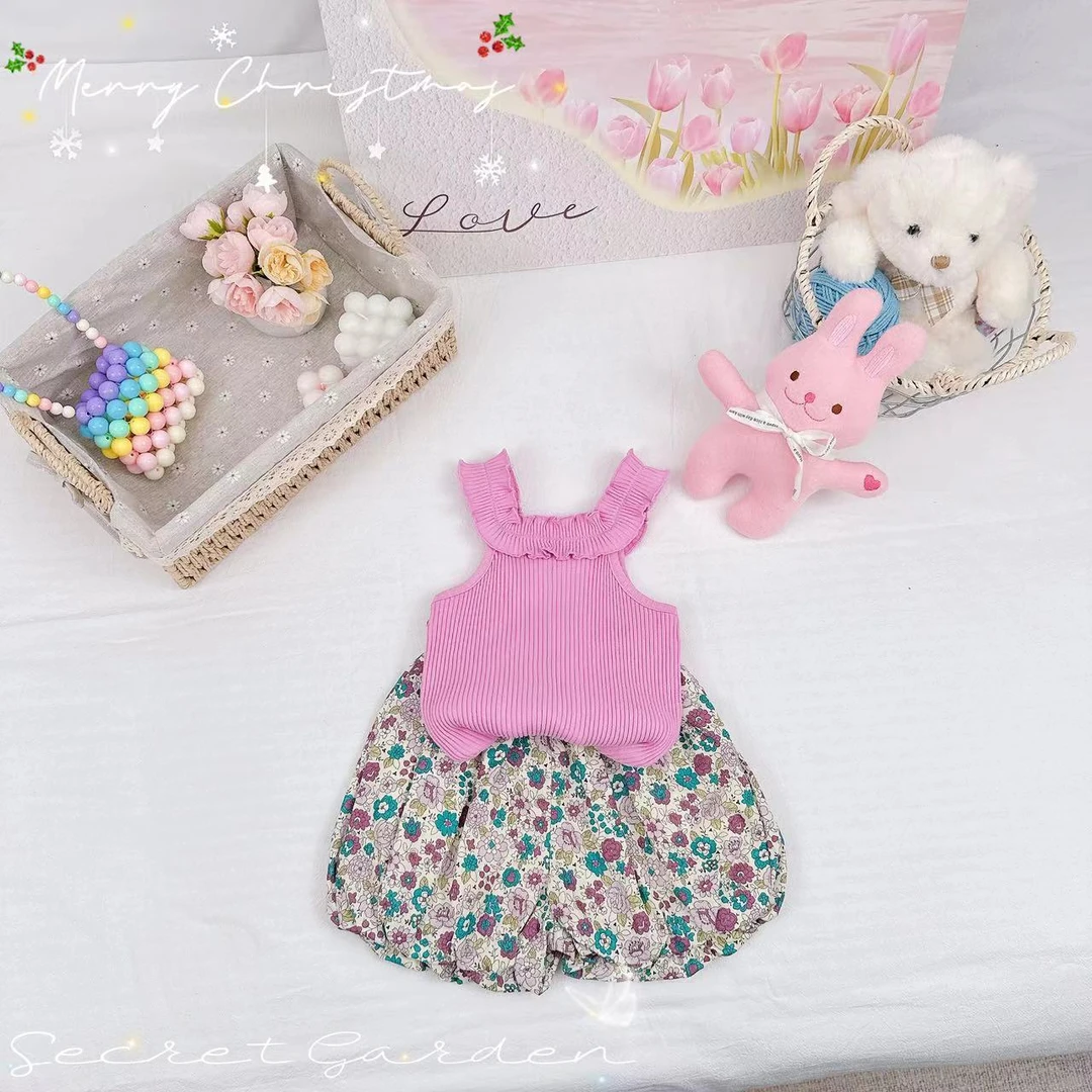 2024新款夏装休闲碎花女童花边背心套装 D-M685