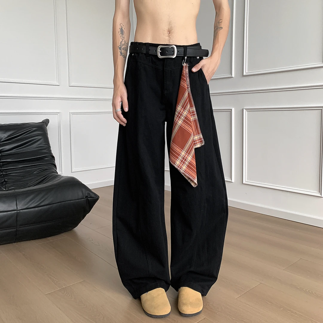 cleanfit白色美式弯刀阔腿裤男秋季高街vibe裤子方巾拼接休闲长裤