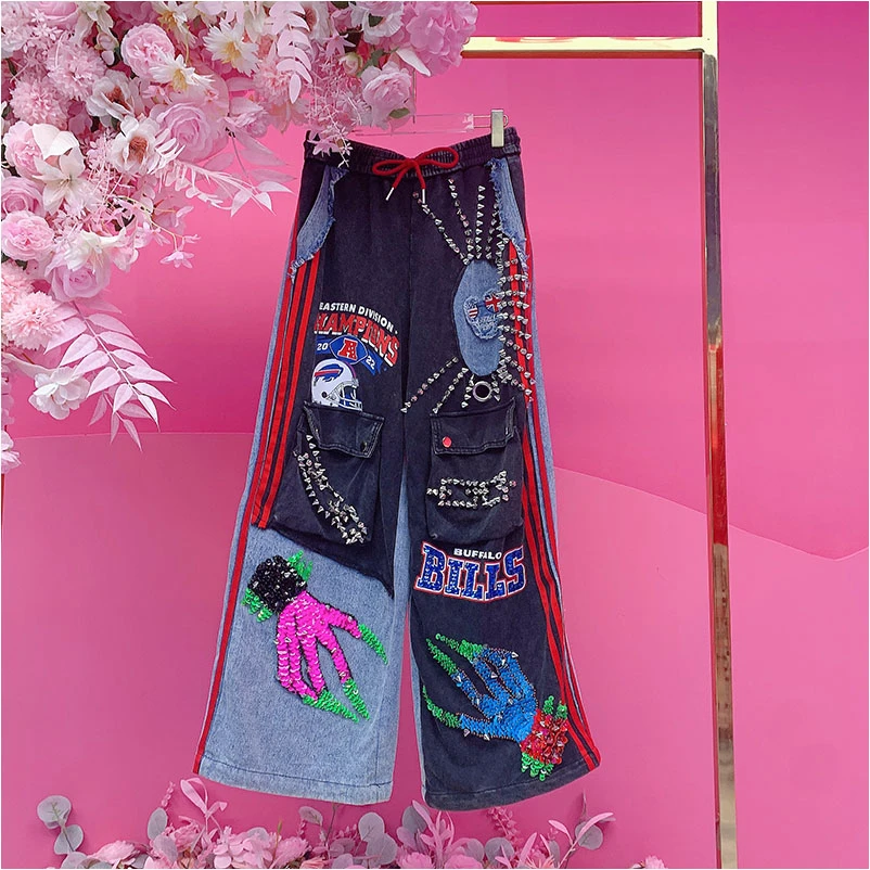 A4579欧美设计师2025冬季新款重工铆钉刺绣字母拼接休闲牛仔裤女