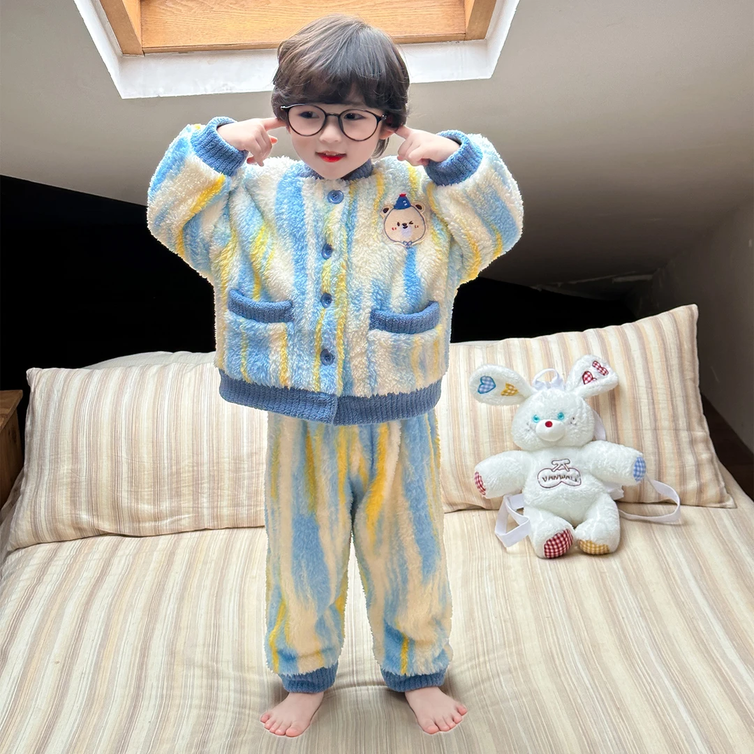 家居服冬季加厚款宝宝加绒保暖儿童睡衣男童睡衣冬季加厚睡衣儿童