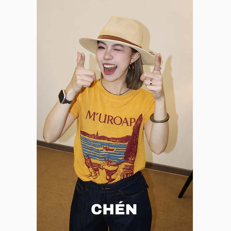 【鼓浪屿】晨总自制美式小众发泡印花圆领短款休闲夏季短袖T恤女