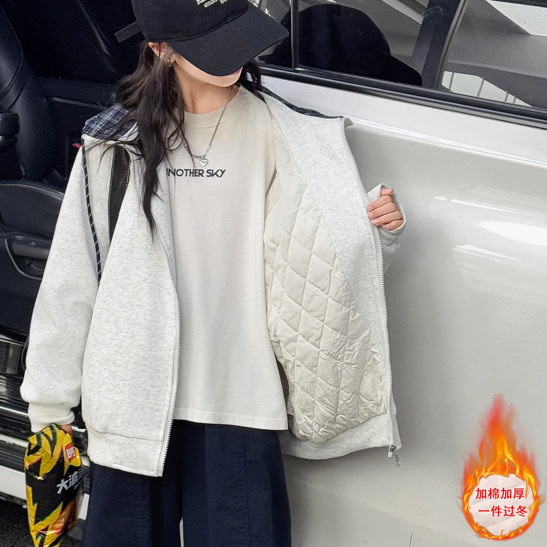 女童秋冬外套2025新款爆款女大童12-15岁连帽加厚夹棉休闲上衣潮