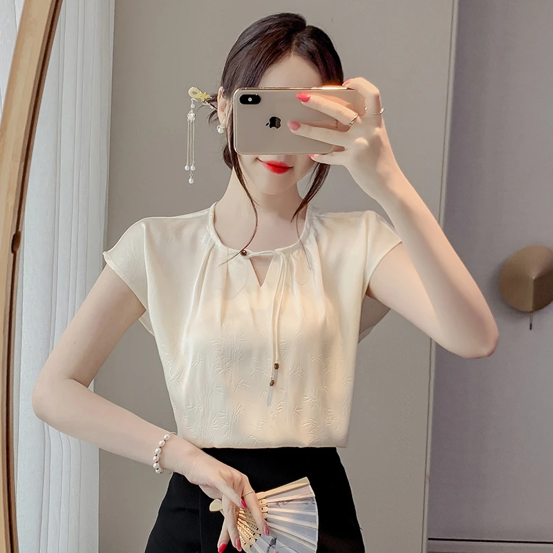 夏季国风缎面压花坎肩衬衫女士气质优雅百搭小衫洋气显瘦时尚上衣