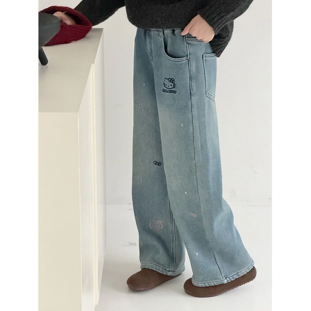 K30440孙小美女童加绒宽松弯刀裤子儿童加厚牛仔裤大童直筒裤潮