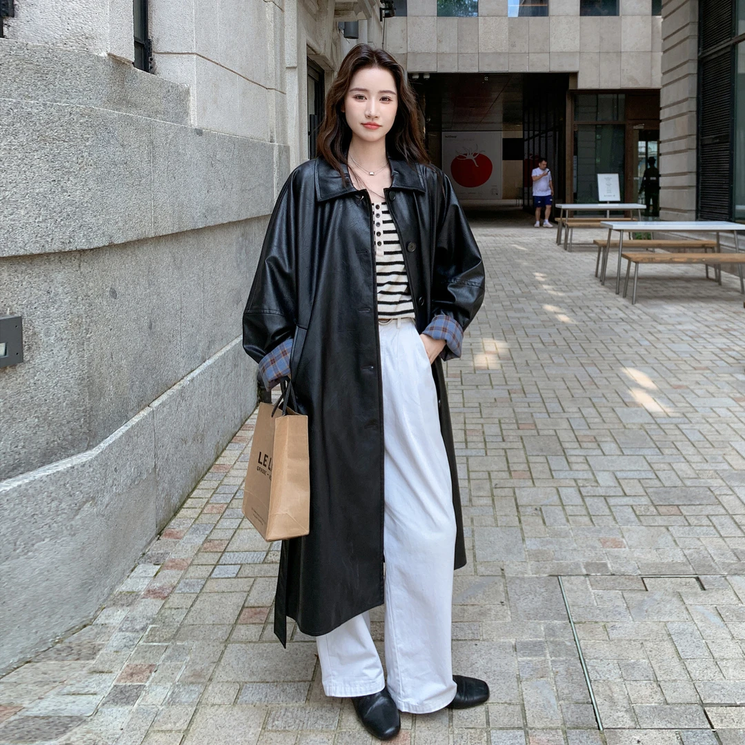 黑色港风复古休闲风皮衣外套女2025秋季新款超火长款气质pu皮风衣
