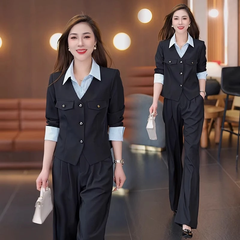 洋气气质小西装套装女2025年春季新款显瘦假两件外套阔腿裤两件套